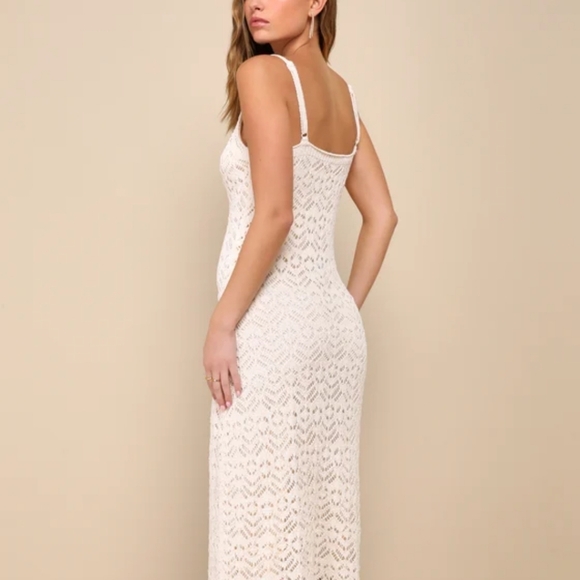 Lulus Sunset Vibes Light Beige Crochet Sleeveless Midi Dress size M - Picture 2 of 6